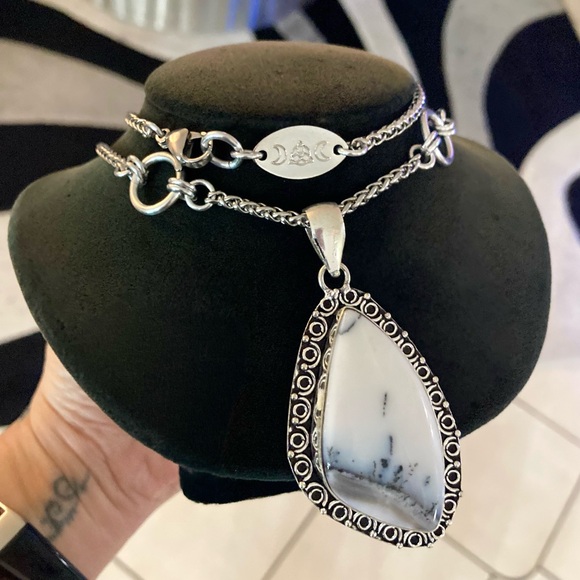 925 sterling silver overlay white grey agate gemstone charm boho stone necklace - Picture 9 of 14